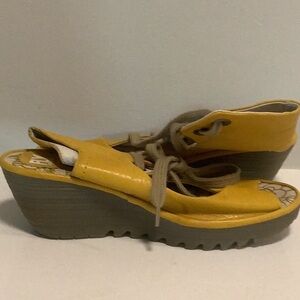 Fly London Yellow and Gray Wedge Sandals